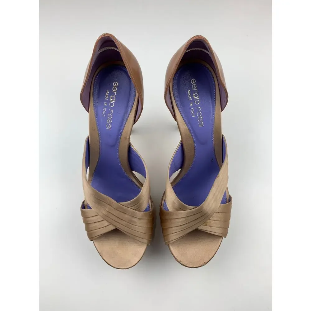 Sergio Rossi Platform Stiletto Sandals High Heels Tan Leather Womens 36.5 US 6.5